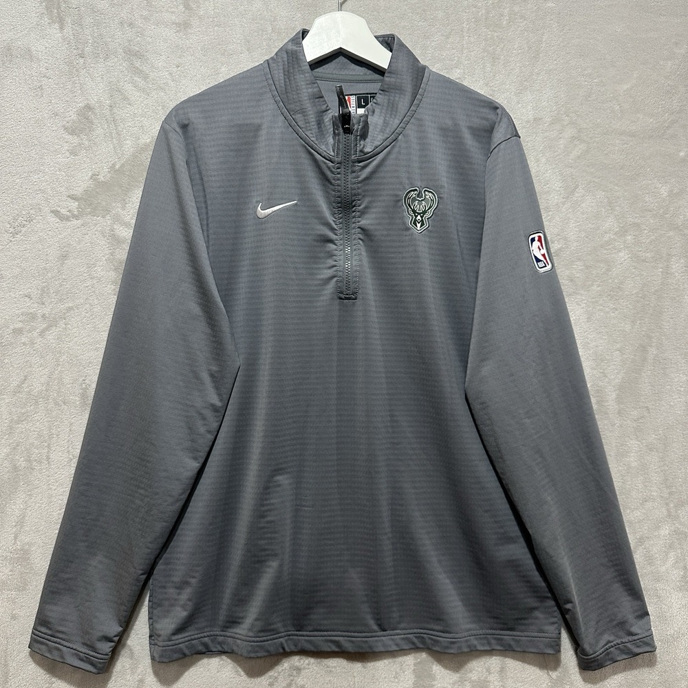Nike Authentic NBA Milwaukee Bucks Men's L Gray 1/4 Zip Basketball Pullover Logo